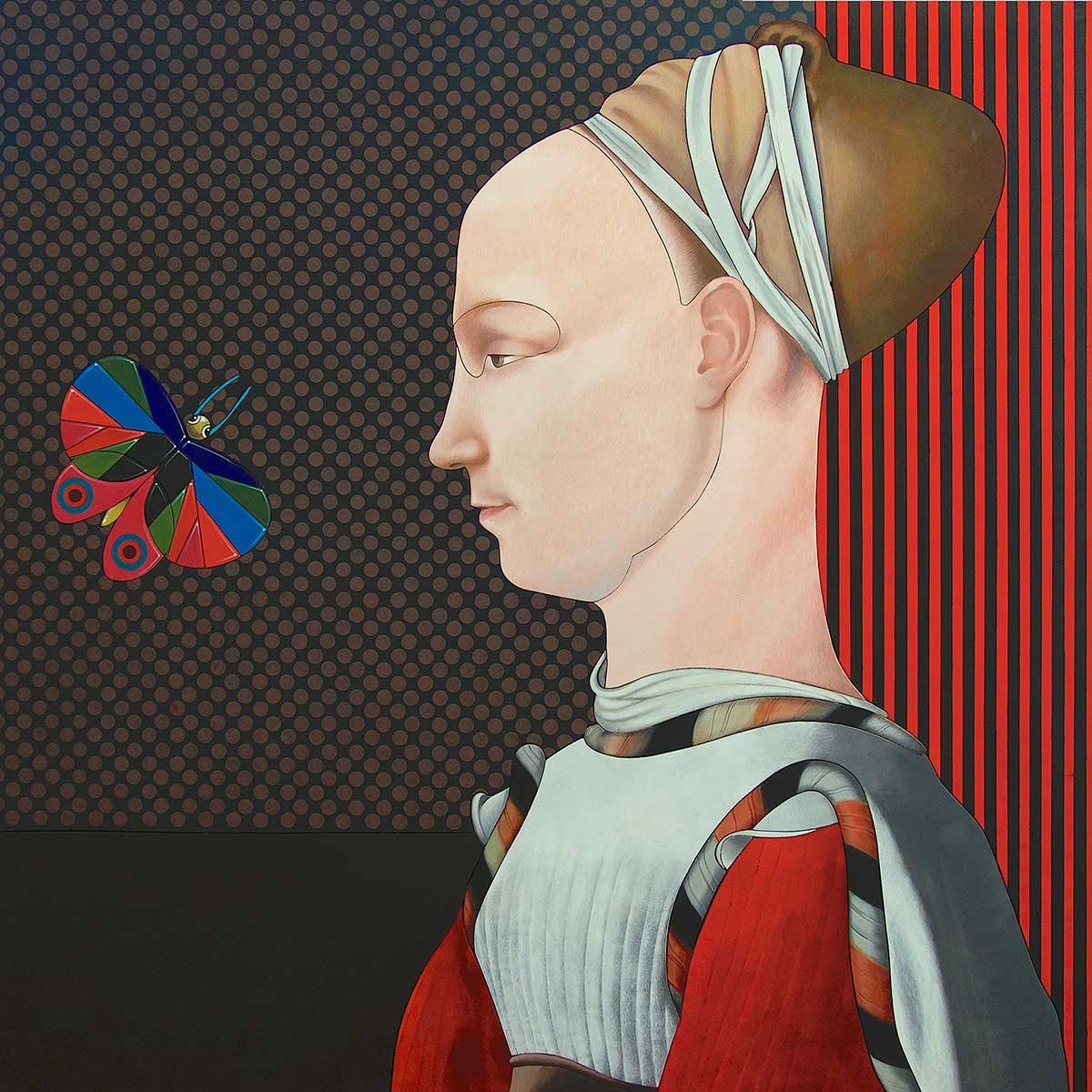 MadameButterfly (Pisanello – 1440 – Portrait of Ginevra D’Este) Acrylic on Plywood panel 120x120x6 cm 2014 MadameButterfly (Pisanello – 1440 – Portrait of Ginevra D’Este) Acrylic on Plywood panel 120x120x6 cm 2014