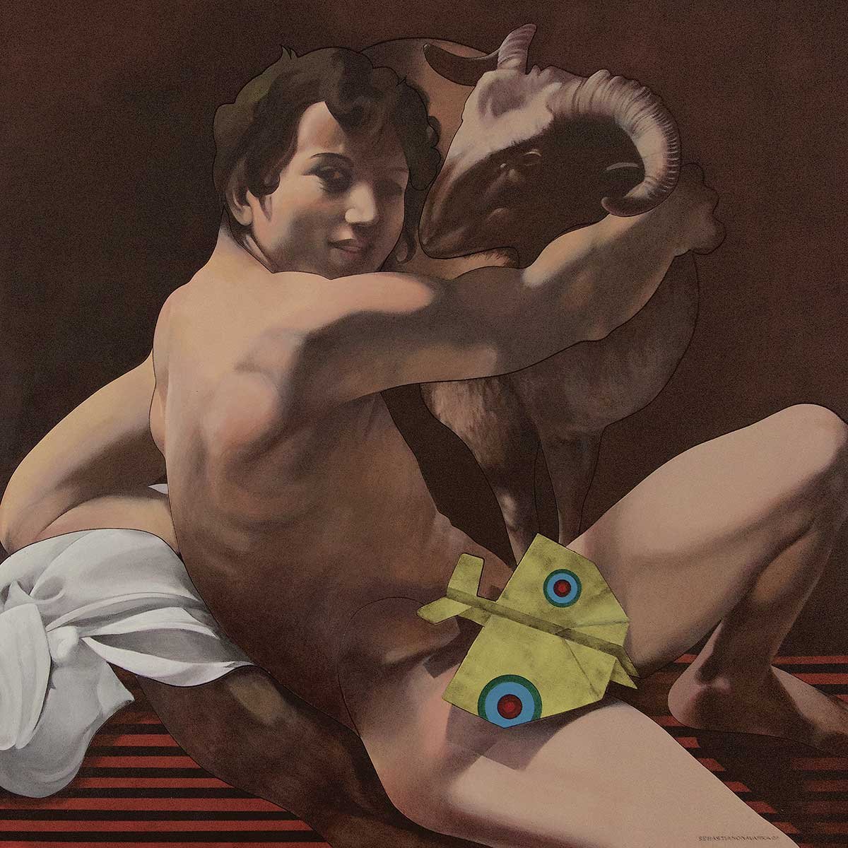 Caravaggio2000 l’Aeroplanino (Youth with a Ram - Saint John the Baptist 1602) medium : Acrylic on Plywood panel size : 120 x 120 x 6 CM year : 2021 Caravaggio2000 l’Aeroplanino (Youth with a Ram - Saint John the Baptist 1602) medium : Acrylic on Plywood panel size : 120 x 120 x 6 CM year : 2021