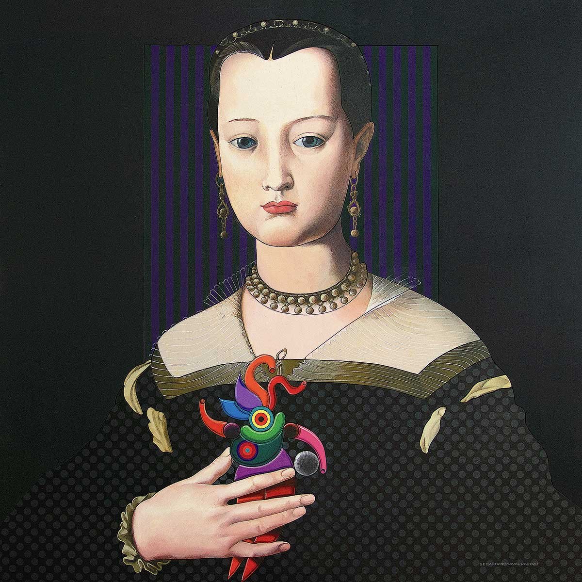 Arlecchino (Agnolo Bronzino – 1551- Portrait of Maria de Medici) medium : Acrylic on Plywood panel size : 120 x 120 x 6 CM year : 2020 Arlecchino (Agnolo Bronzino – 1551- Portrait of Maria de Medici) medium : Acrylic on Plywood panel size : 120 x 120 x 6 CM year : 2020