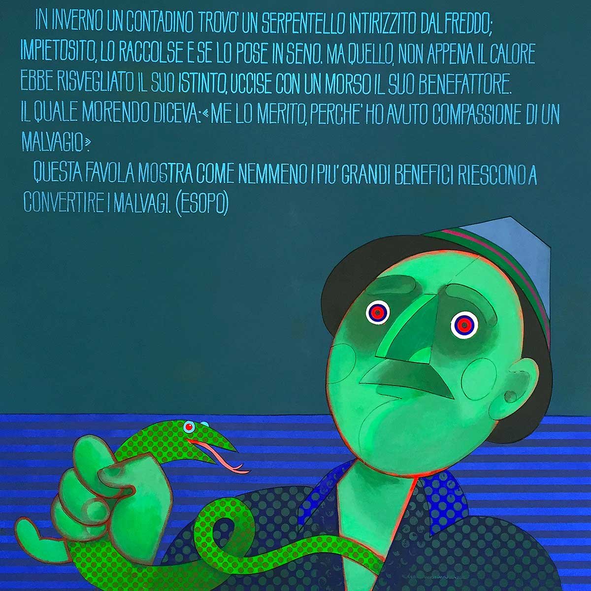 the farmer and the frightened snake il contadino e il serpente intirizzito acrylic on wood puzzle art 120 x 120 x 05 cm 2013 the farmer and the frightened snake il contadino e il serpente intirizzito acrylic on wood puzzle art 120 x 120 x 05 cm 2013